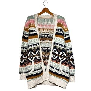 LL Bean Fair Isle Cotton Ragg Open Front Cardigan Sweater Chunky